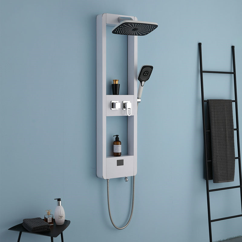 Homelody Quadrat Luxuriöse 38°C Thermostat-Duschsäule Digitaler Bildschirm mit Ablageschale Duschset und Wasserfall-Auslauf