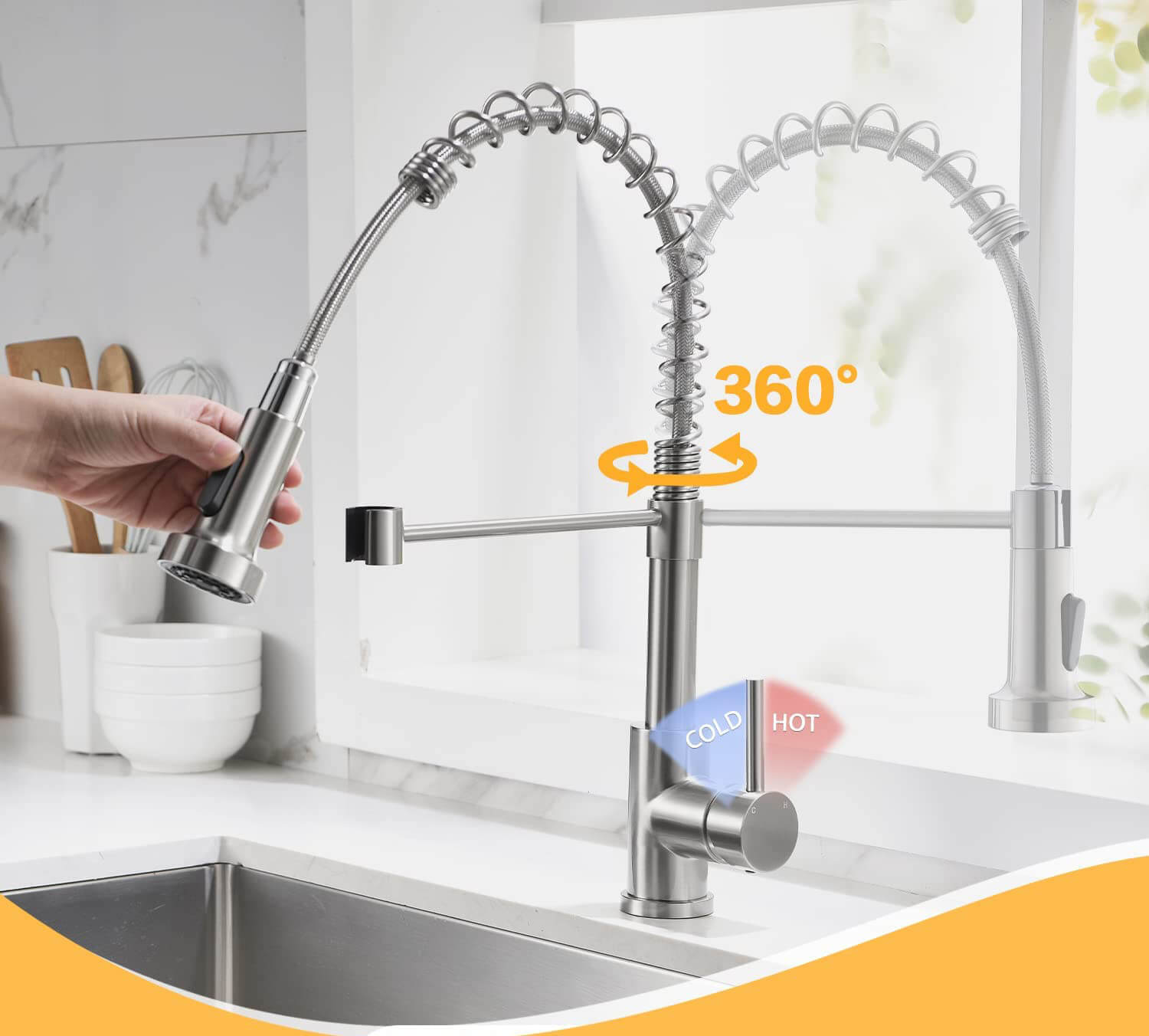 Homelody Messing Ausziehbare Feder Design Einhand Doppelter Auslass küchenamatur 360 ° drehbar für Doppelwaschbecken