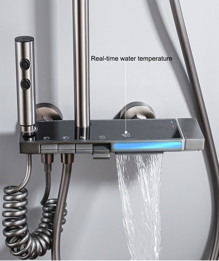 Homelody 40°C Thermostat-Duschsäule Digitaler Bildschirm mit Ablagebrett Duschset mit Badewannenmischer für, Umgebungslicht 【Kostenloses Lagerregal】