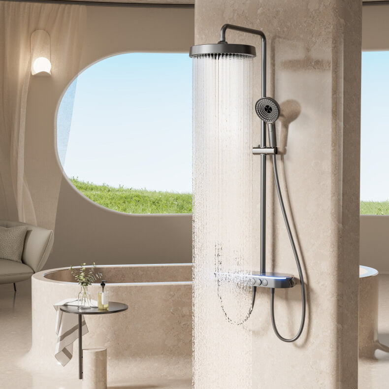 Homelody 40°C Thermostat-Duschsäule Digitaler Bildschirm mit Ablageschale Höhenverstellbares Duschset mit Badewannenmischer für das Badezimmer 4 Funktionen, Umgebungslicht