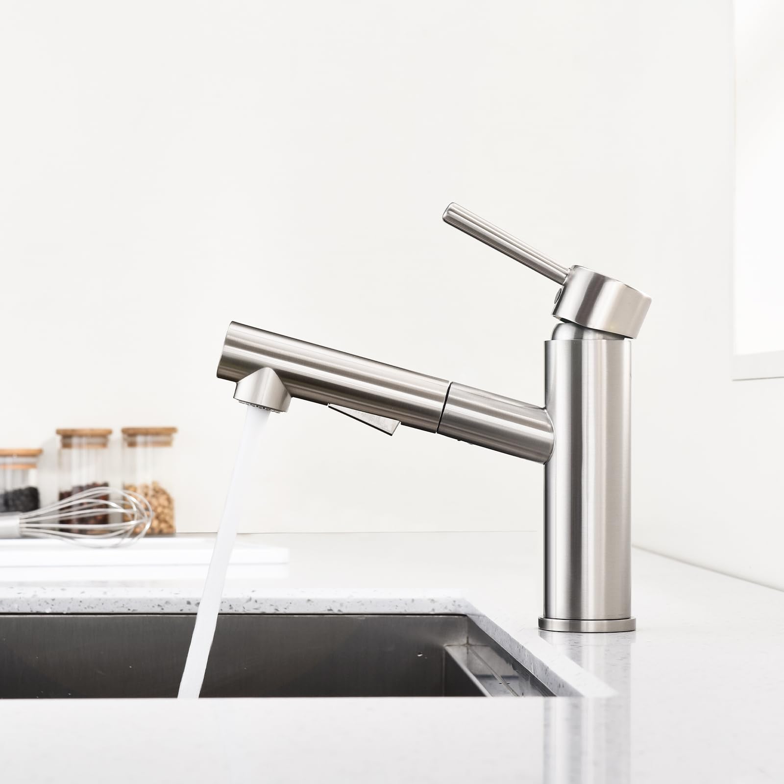 HOMELODY Wasserhahn Küche/Bad Gebürsteter Oberfläche Ausziehbar, Küchenarmatur mit Brause Zwei Wasserstrahlarten