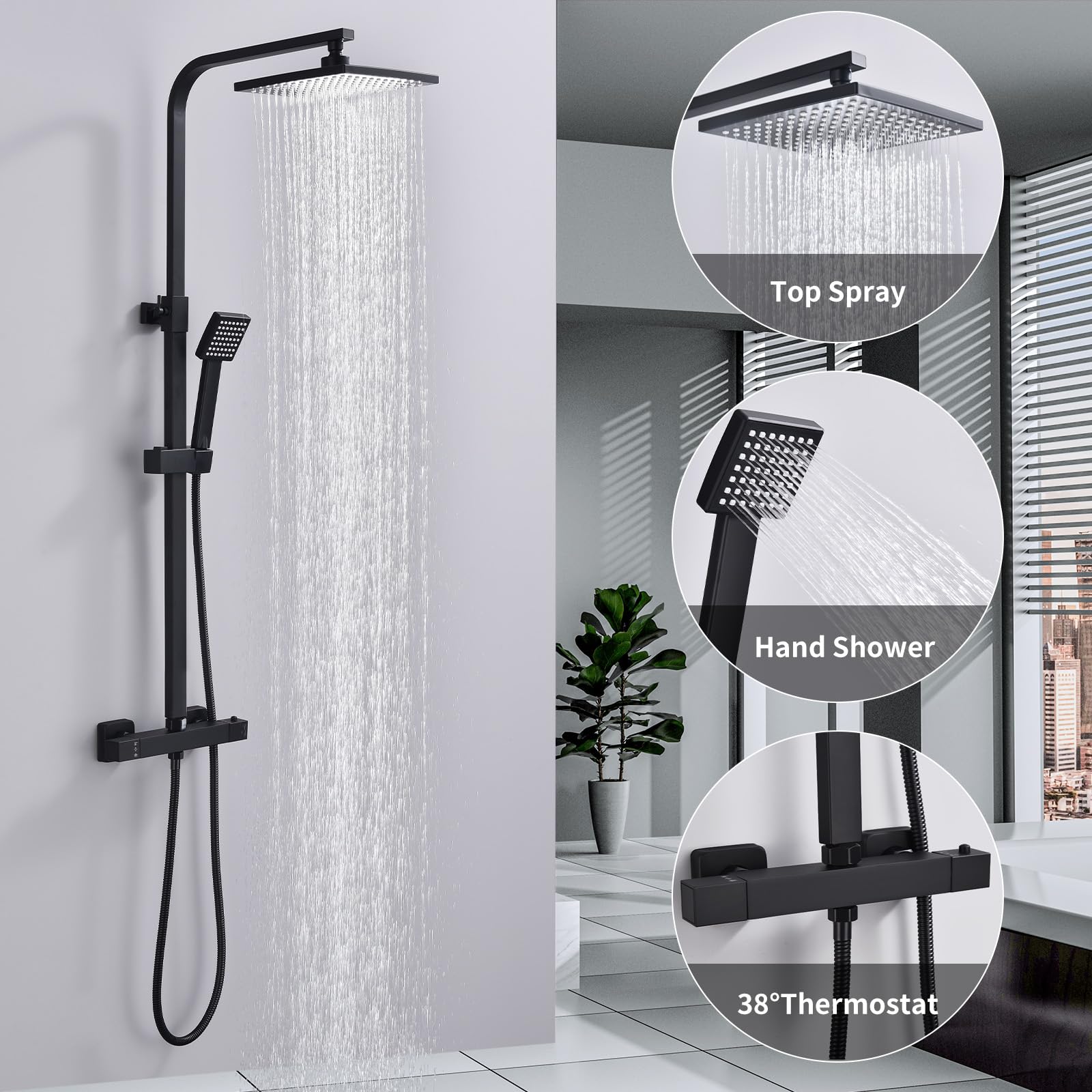 Homelody Duschsystem mit Thermostat Regendusche eckig höhe Duscharmatur mit Umsteller chrom Duschset