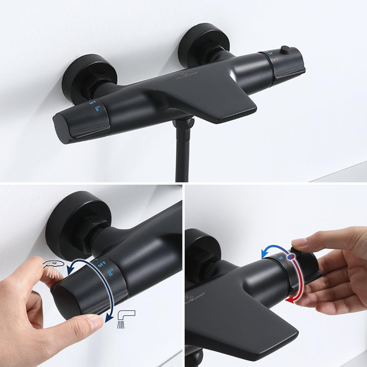 Thermostat-Duschsystem Mit Regen- & Wasserfallkopf – 55,9 Cm, 6 Körperdüsen, Mattschwarz | Mit Handbrause, Wandmontage