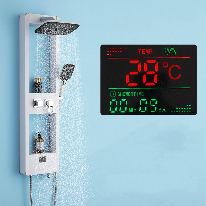 Homelody Quadrat Luxuriöse 38°C Thermostat-Duschsäule Digitaler Bildschirm mit Ablageschale Duschset und Wasserfall-Auslauf
