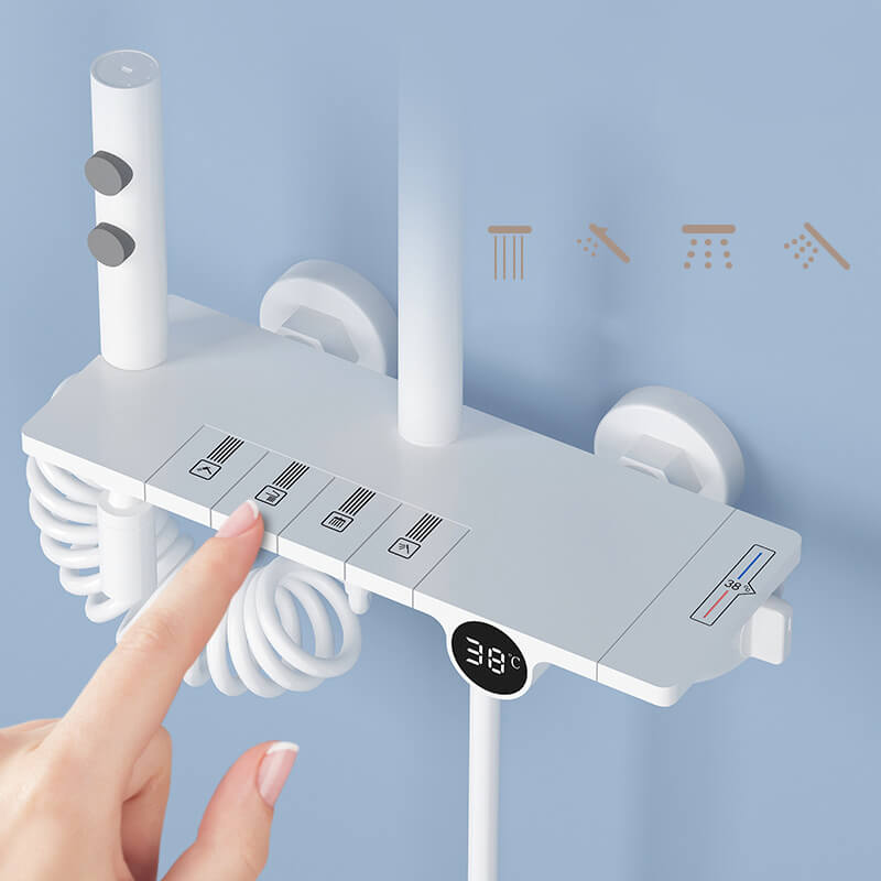 Homelody 38℃ Thermostat-Duschsäule Digitaler Bildschirm mit Ablagebrett Duschset mit Badewannenmischer für das Badezimmer 4 Funktionen