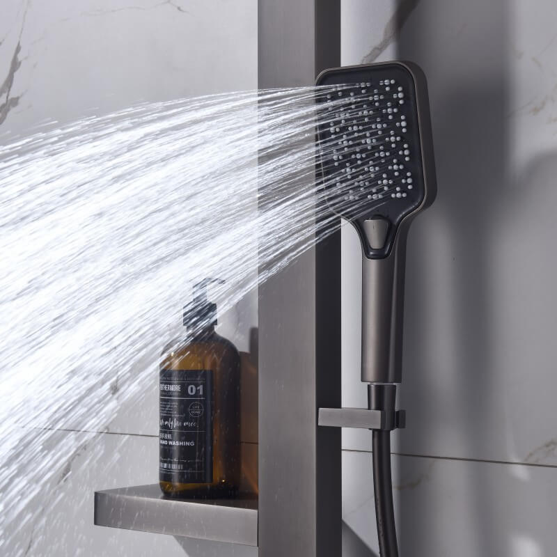 Homelody Luxuriöse 38°C Thermostat-Duschsäule Digitaler Bildschirm mit Ablageschale Duschset und Wasserfall-Auslauf