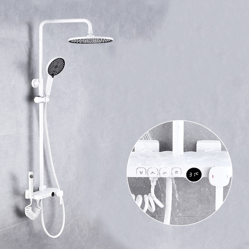Homelody 4 Funktionen Duschsystem messing Duscharmatur Digitaler Bildschirm mit Ablage Weiß Duschset Regendusche aufputz mit Ablageschale Höhenverstellbares Duschset