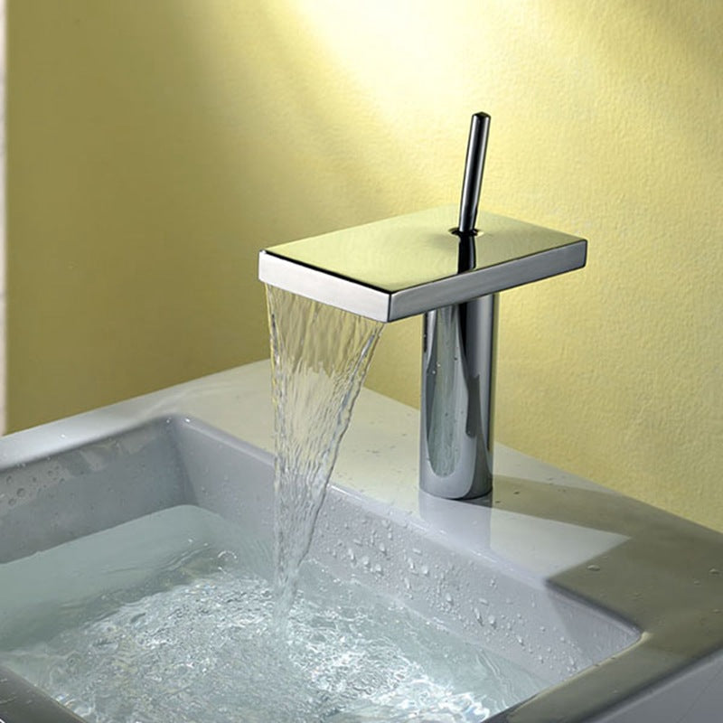 Homelody Wasserfall-Mischbatterie Chrom Kupfer Badarmatur mit abgeflachtem Auslauf für niedriges Waschbecken und Handspüler