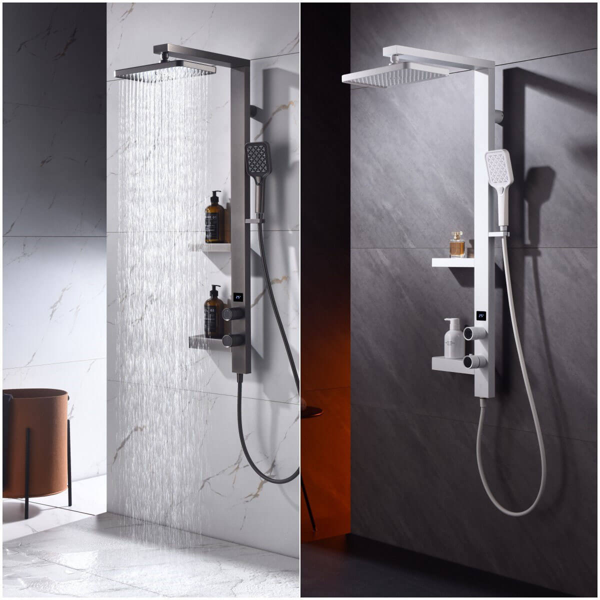 Homelody Luxuriöse 38°C Thermostat-Duschsäule Digitaler Bildschirm mit Ablageschale Duschset und Wasserfall-Auslauf