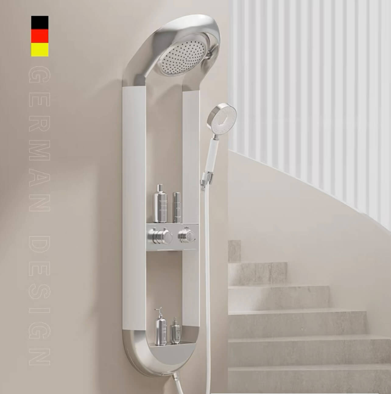 Homelody Luxuriöse Runde 3-Jets Handbrause Hochdruck-Duscharmatur mit Ablageschale Duschset und Wasserfall-Auslauf Weiß