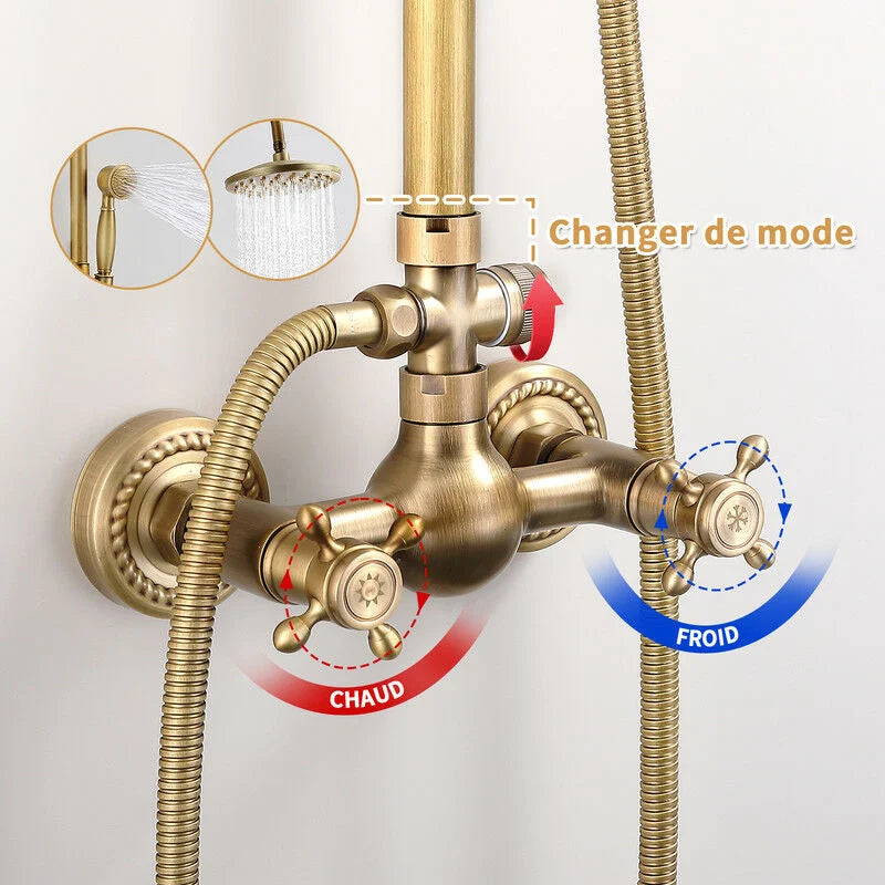 Homelody Retro Klassische Doppelgriff Duschsäule in Gold Verstellbares Duschsystem mit 20 cm Schwenkduschkopf mit Regendusche Handbrause Messing