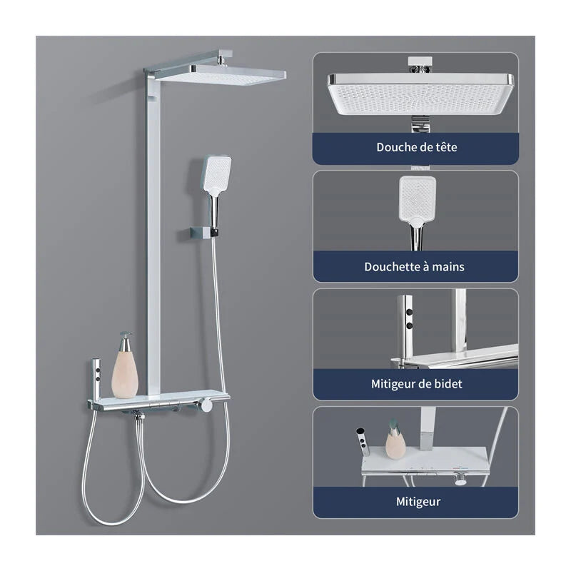 Homelody Thermostat-Duschsäule chromiertes mit weißem Ablagebrett Duschset mit Badewannenmischer für das Badezimmer 4 Funktionen