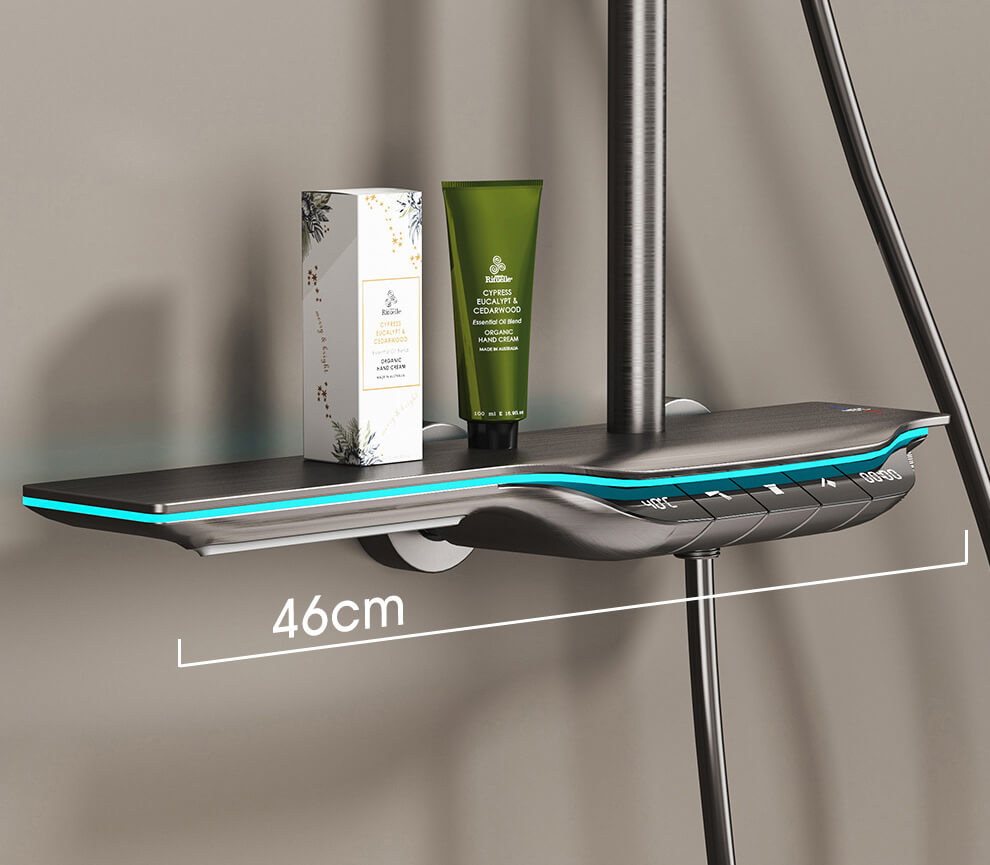 Homelody 40°C Thermostat-Duschsäule Digitaler Bildschirm mit Ablagebrett Duschset mit Badewannenmischer für das Badezimmer 3 Funktionen, Umgebungslicht