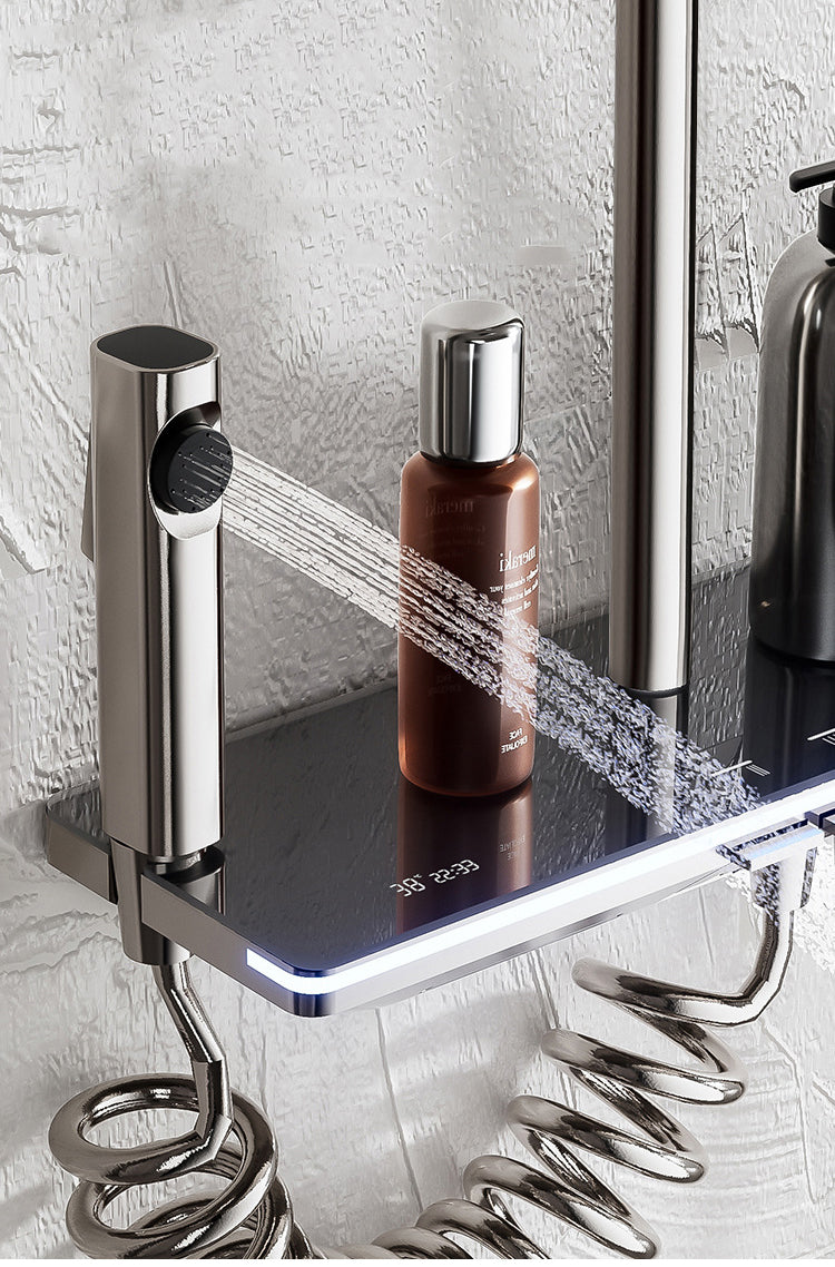Homelody Veilchen 38°C Thermostat-Duschsäule Digitaler Bildschirm mit Ablagebrett Duschset mit Badewannenmischer, Umgebungslicht