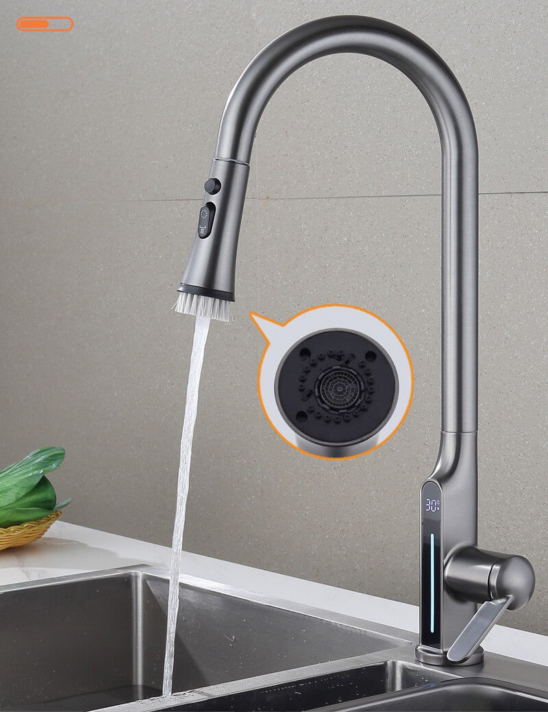 Homelody 360 ° Drehung Wasserhahn Küche mit Digitalanzeige ausziehbar Küchenarmatur mit Brause Mischbatterie Küche mit abnehmbarem Bürstenkopf