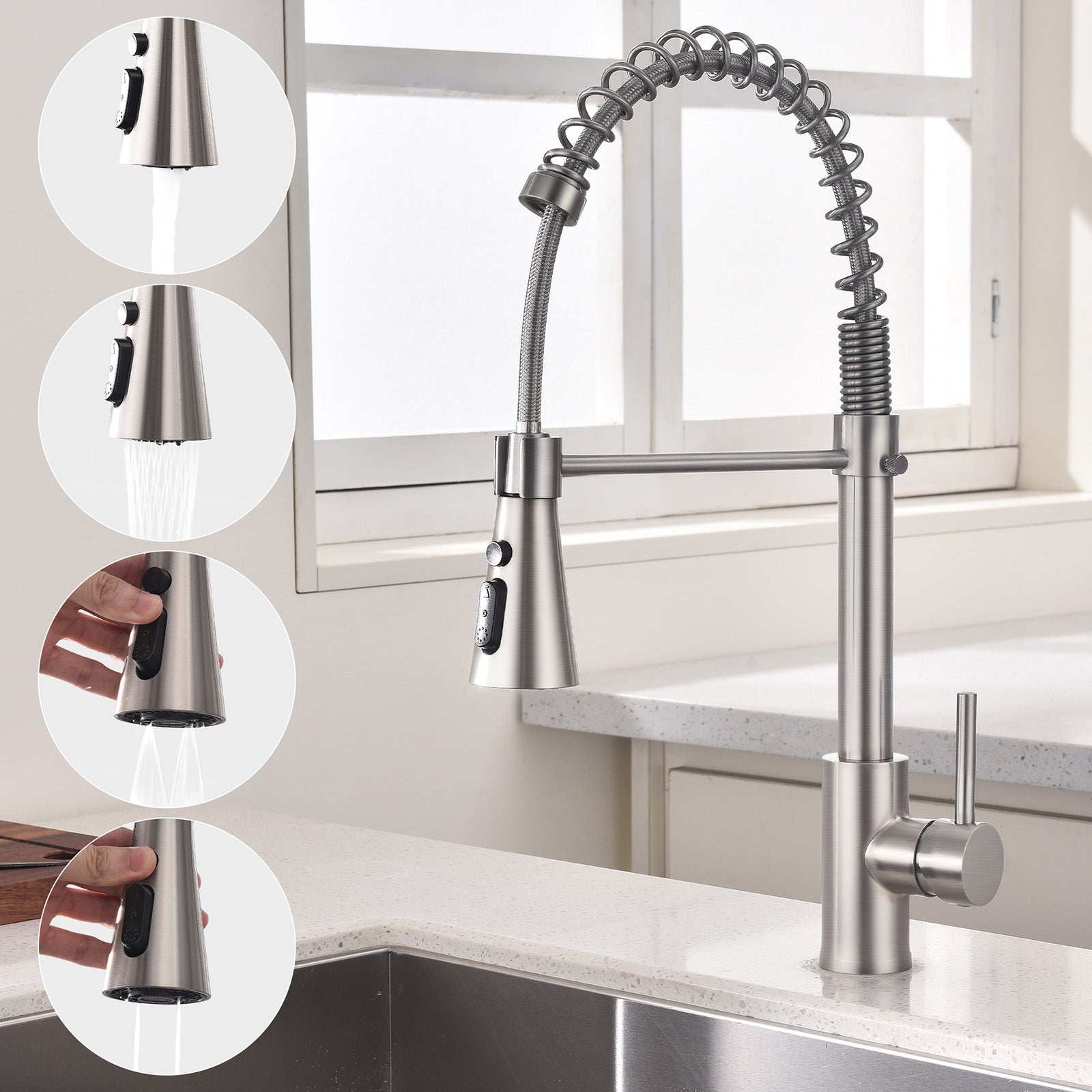 Homelody kuechenarmaturen mit Spiralfeder Verchromt – 360° schwenkbar, 4-Funktionsbrause