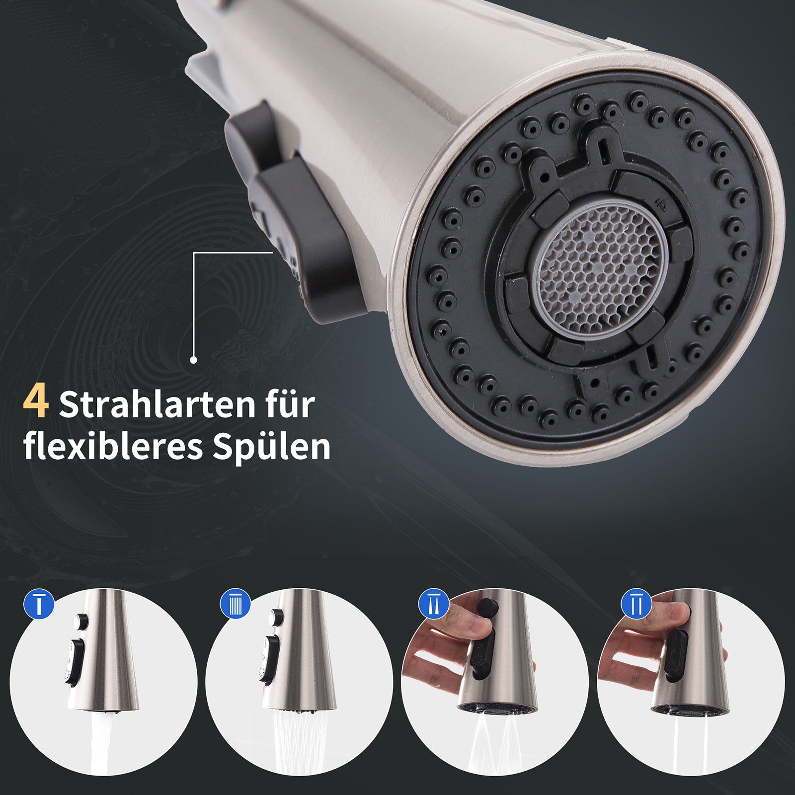 Homelody kuechenarmaturen mit Spiralfeder Verchromt – 360° schwenkbar, 4-Funktionsbrause