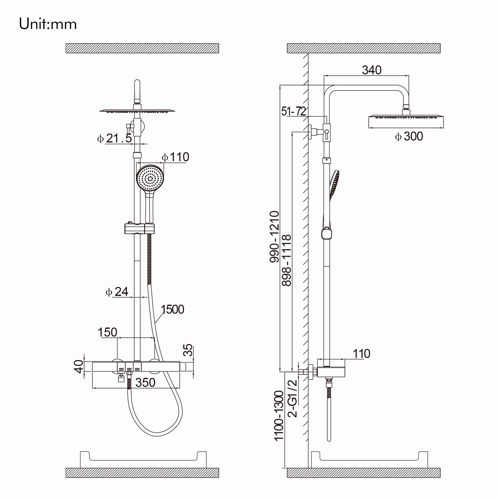 Homelody Duschsystem mit Thermostat, Ablage und Handbrause, 12" Regendusche