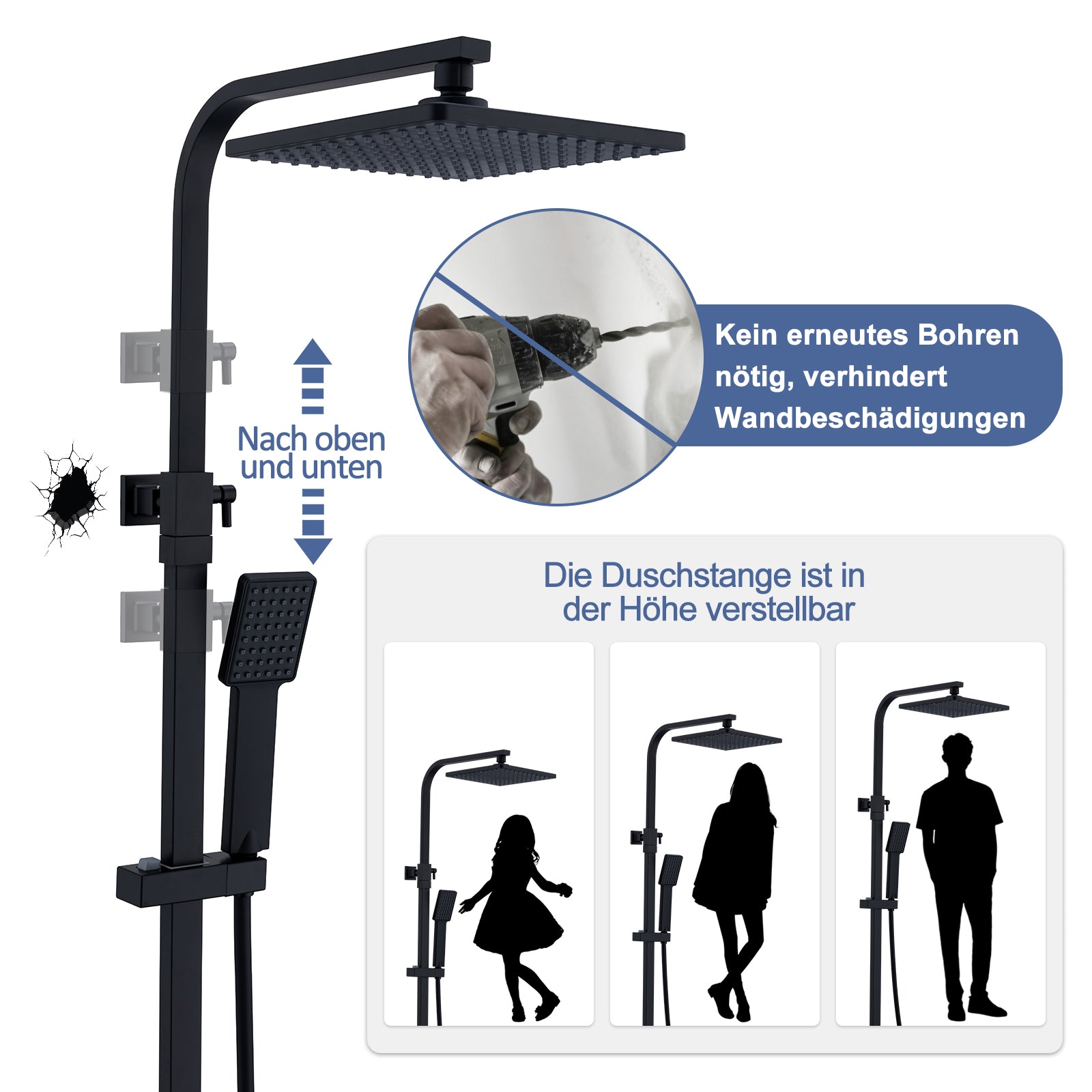 Homelody Duschsystem mit Thermostat Regendusche eckig höhe Duscharmatur