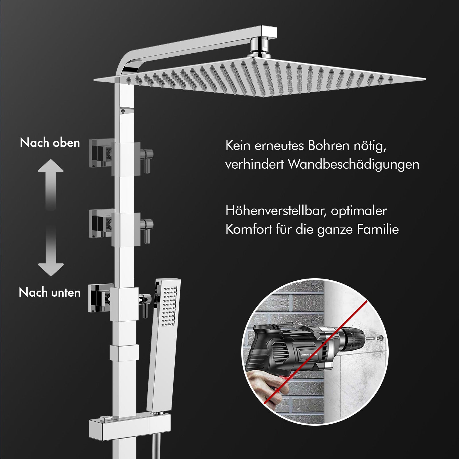HOMELODY Duschsystem mit Thermostat Regendusche mit Armatur Chrom Eckig Duschset Messing Kopfbrause Edelstahl 30x30CM