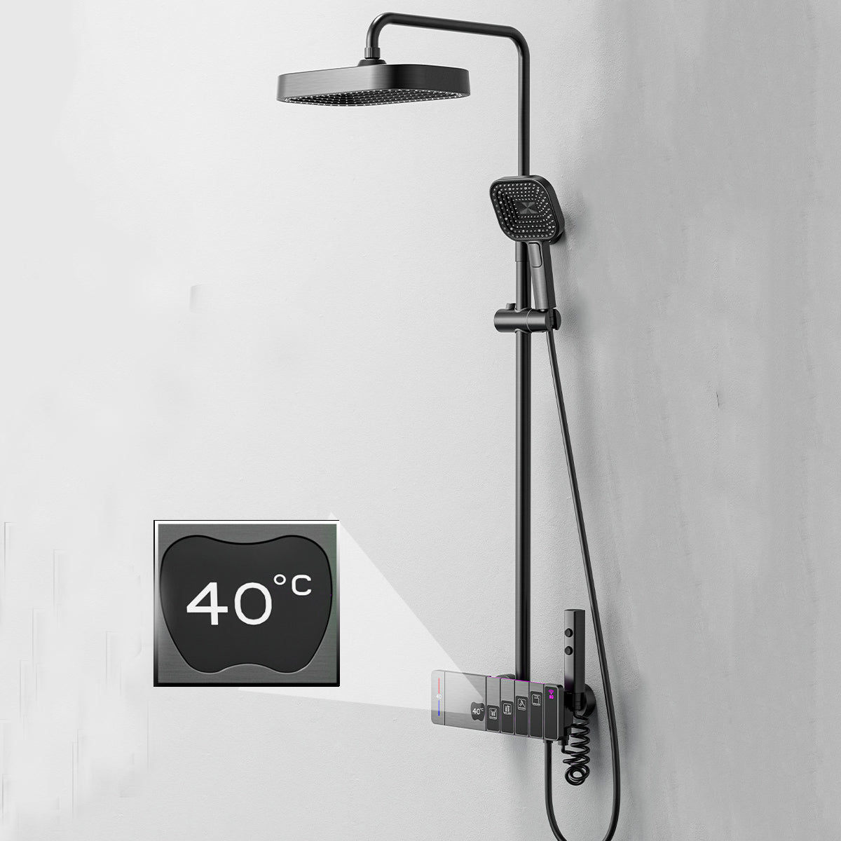Homelody 40°C Thermostat Höhenverstellbares Duschsäule Digitaler Bildschirm mit Ablagebrett Duschset mit Badewannenmischer, Umgebungslicht