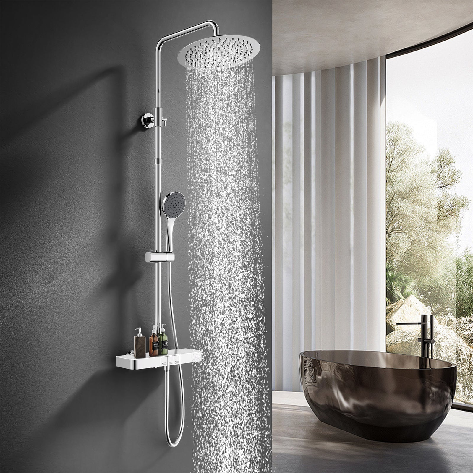 Homelody Duschsystem mit Thermostat, Ablage und Handbrause, 12" Regendusche