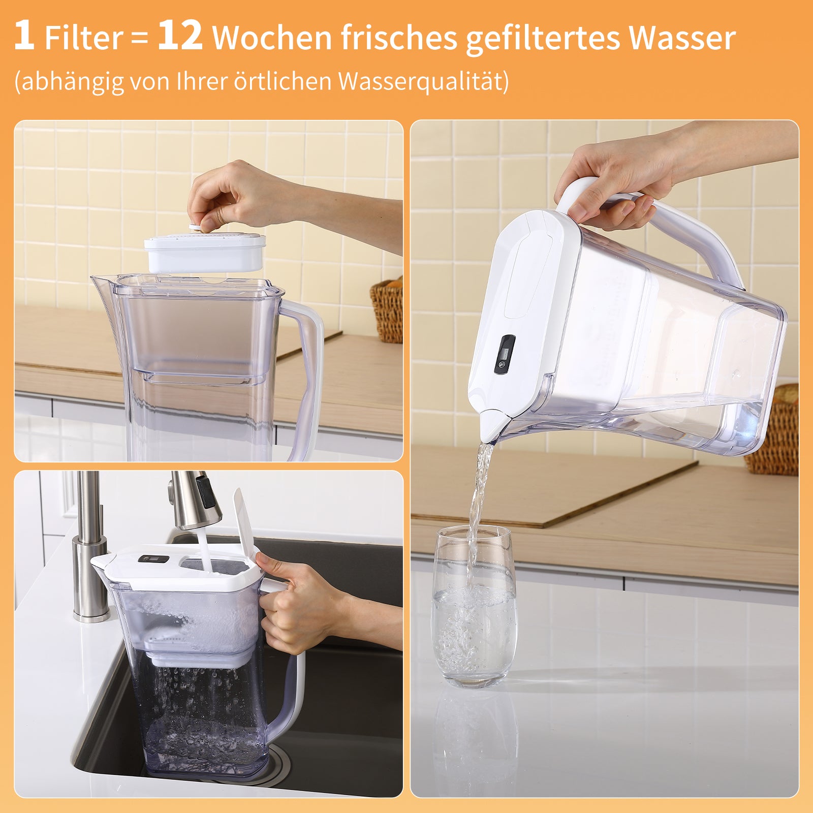 Homelody Wasserfilter Wasserfilterkanne 2,5 L mit LED-Countdown-Anzeige