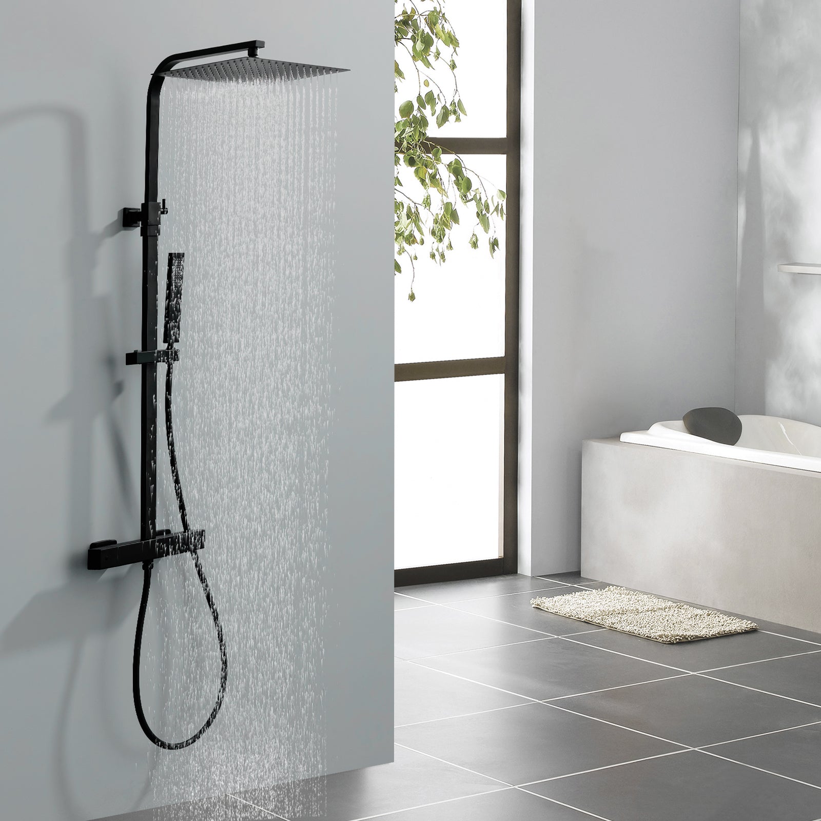 HOMELODY Duschsystem mit Thermostat Schwarz Regendusche mit Armatur Duschset Eckig Messing Kopfbrause Edelstahl 30x30CM
