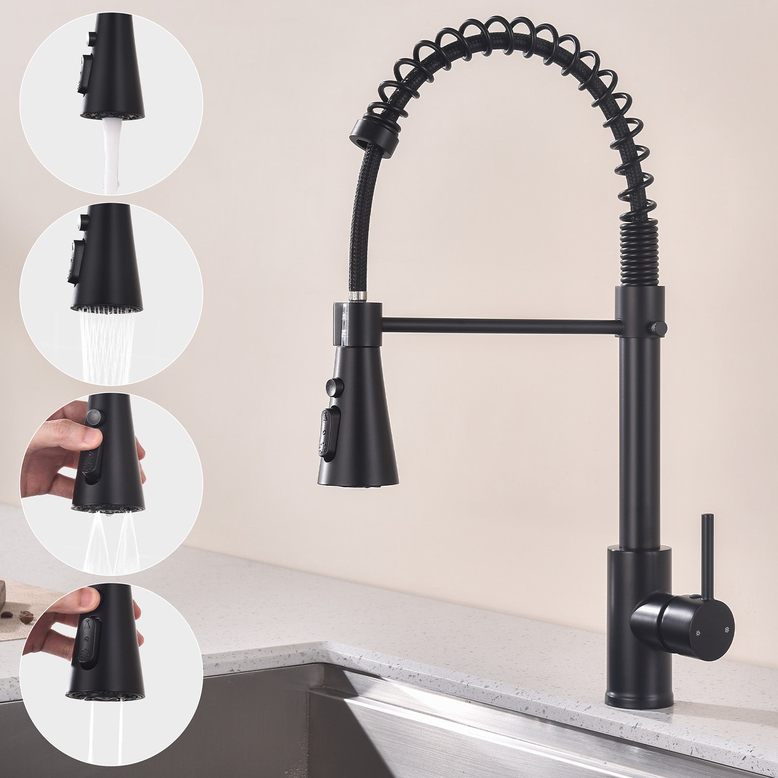 Homelody kuechenarmaturen mit Spiralfeder Verchromt – 360° schwenkbar, 4-Funktionsbrause