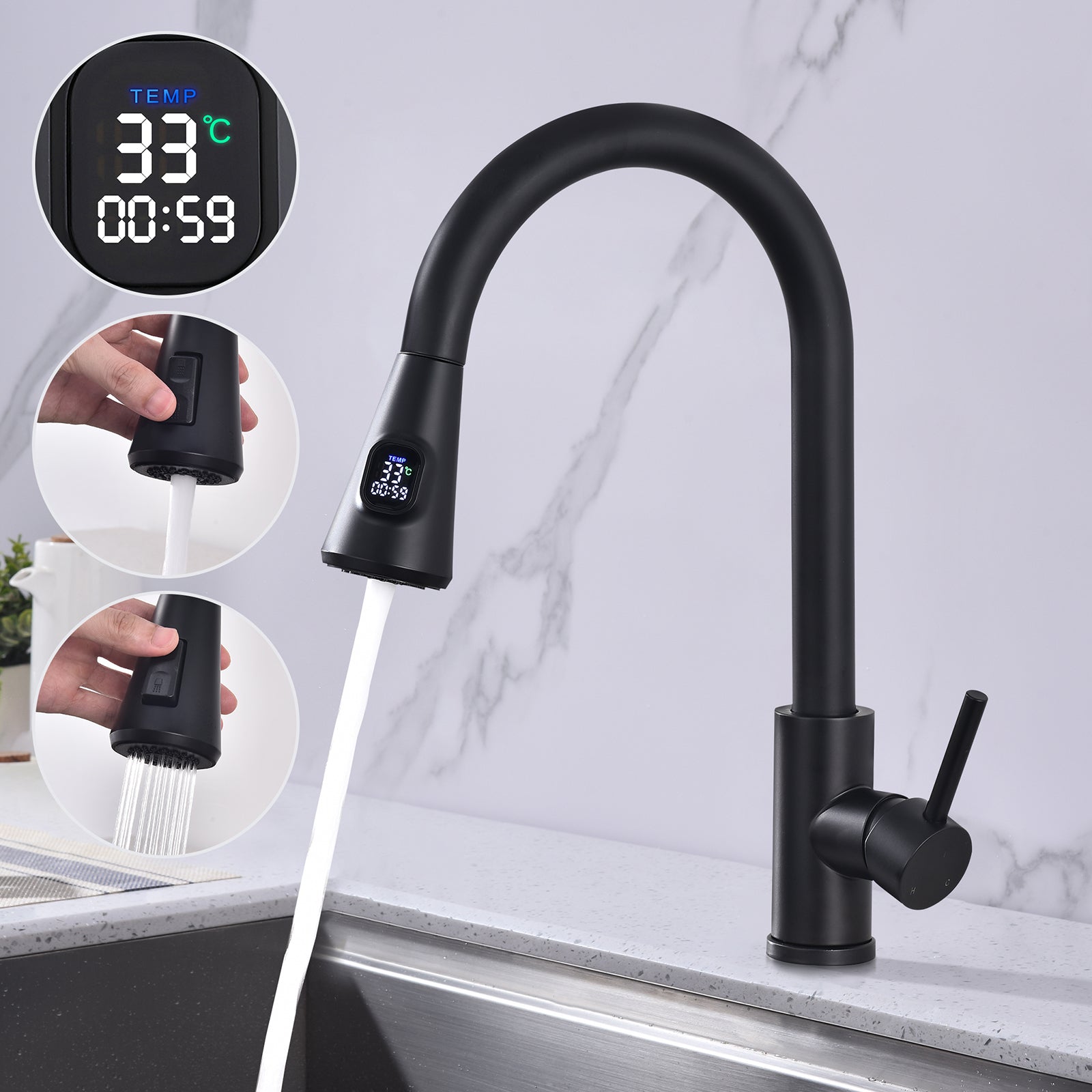 Küchenarmatur ausziehbar Spültischarmatur 360° Küchenarmatur LED Digitalanzeige