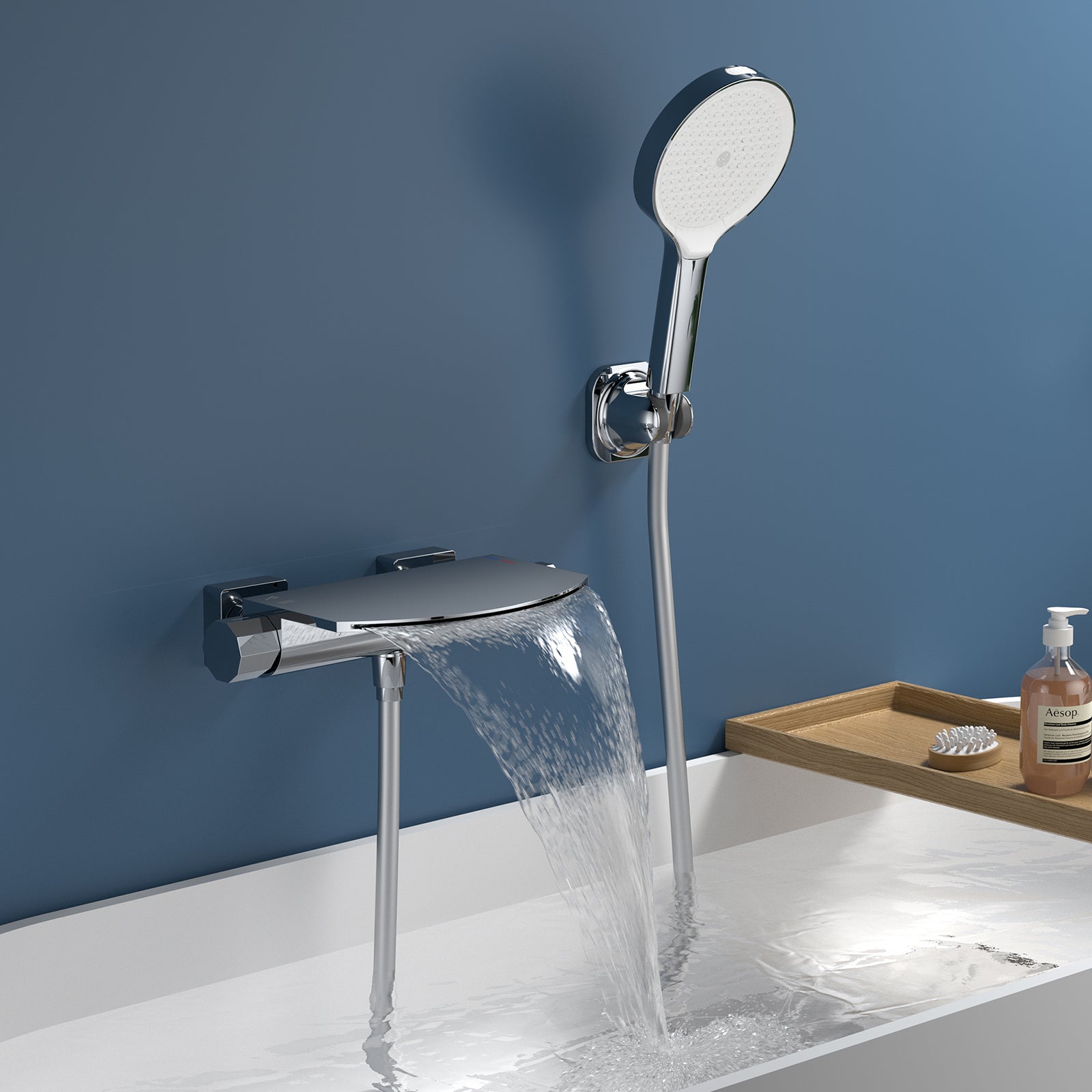 HOMELODY Wasserfall-Badewannen-Mischbatterie mit 4-Funktions-Handbrause