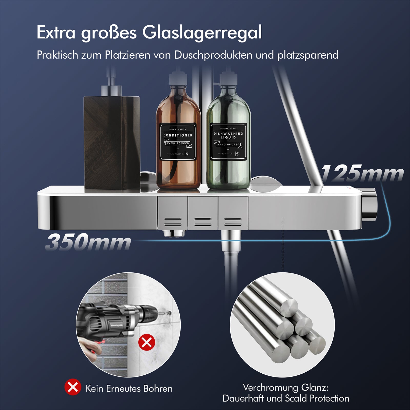 Homelody Duschsystem mit Thermostat, Ablage und Handbrause, 12" Regendusche