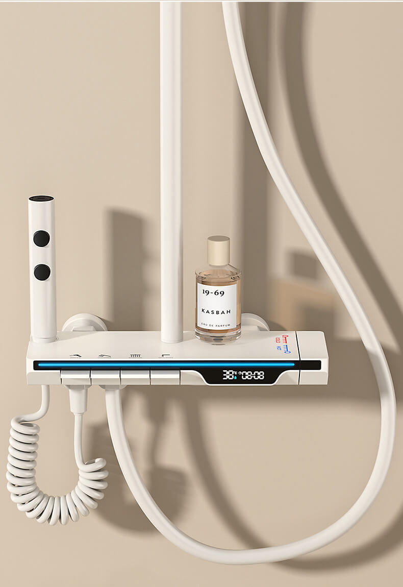 Homelody 38°C Thermostat-Duschsäule Digitaler Bildschirm mit Ablagebrett Duschset mit Badewannenmischer, Umgebungslicht