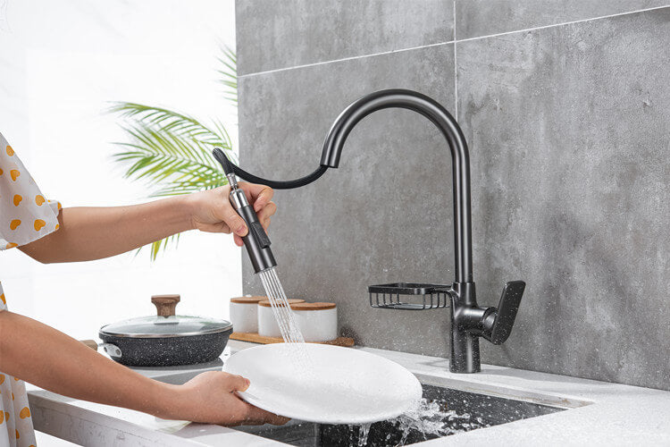 Homelody 360 ° Drehung Wasserhahn Küche ausziehbar Küchenarmatur mit Brause Edelstahl Mischbatterie und Lagerregale