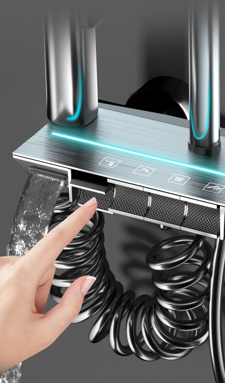 Homelody Legende Thermostat-Duschsäule Digitaler Bildschirm mit Ablagebrett Duschset mit Badewannenmischer für das Badezimmer 4 Funktionen, Umgebungslicht