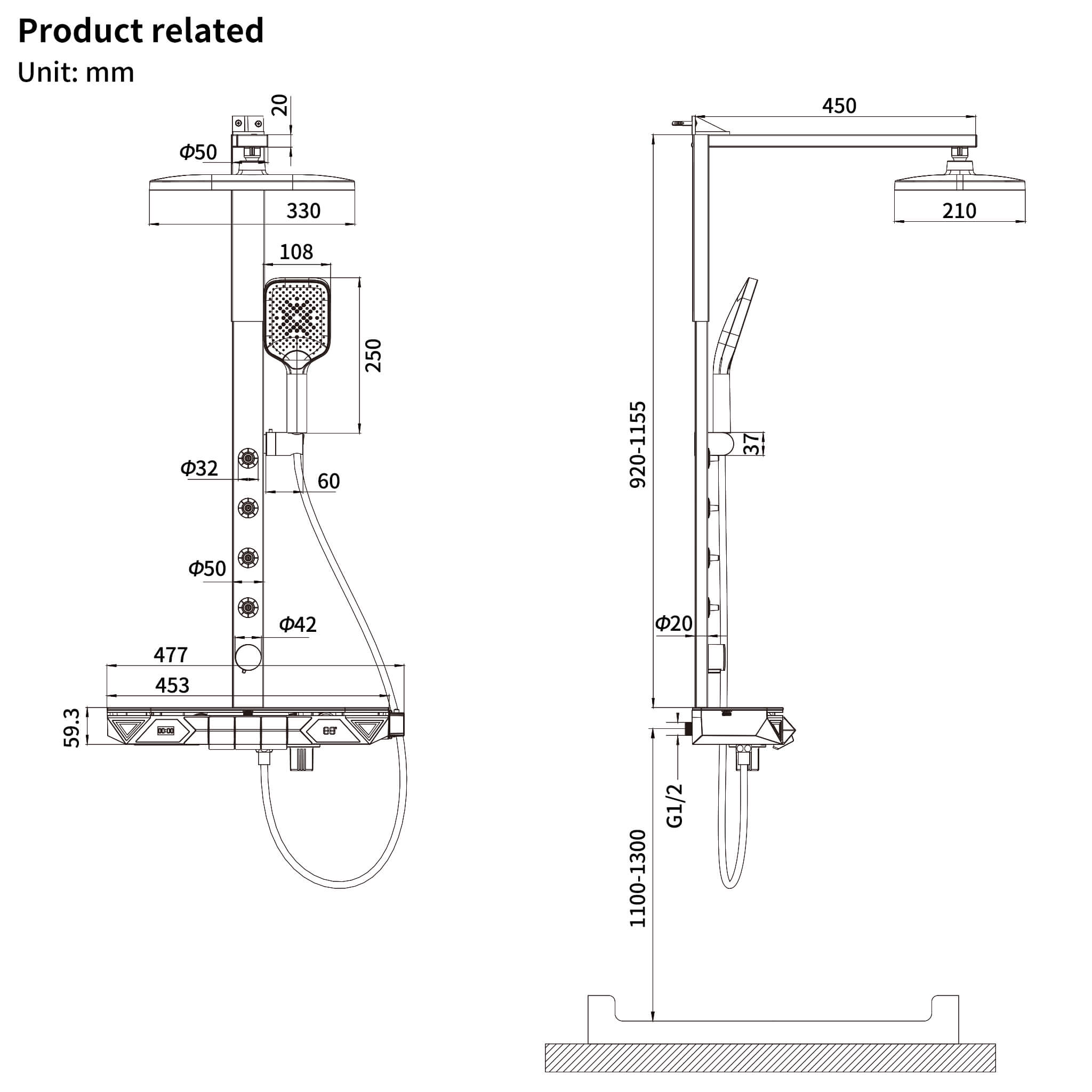 Homelody 38 ℃ Thermostatisches Digitalanzeige-Duschsystem mit Ablagefach mit Badewannenmischer für und 360° drehbar Backspray, Umgebungslicht