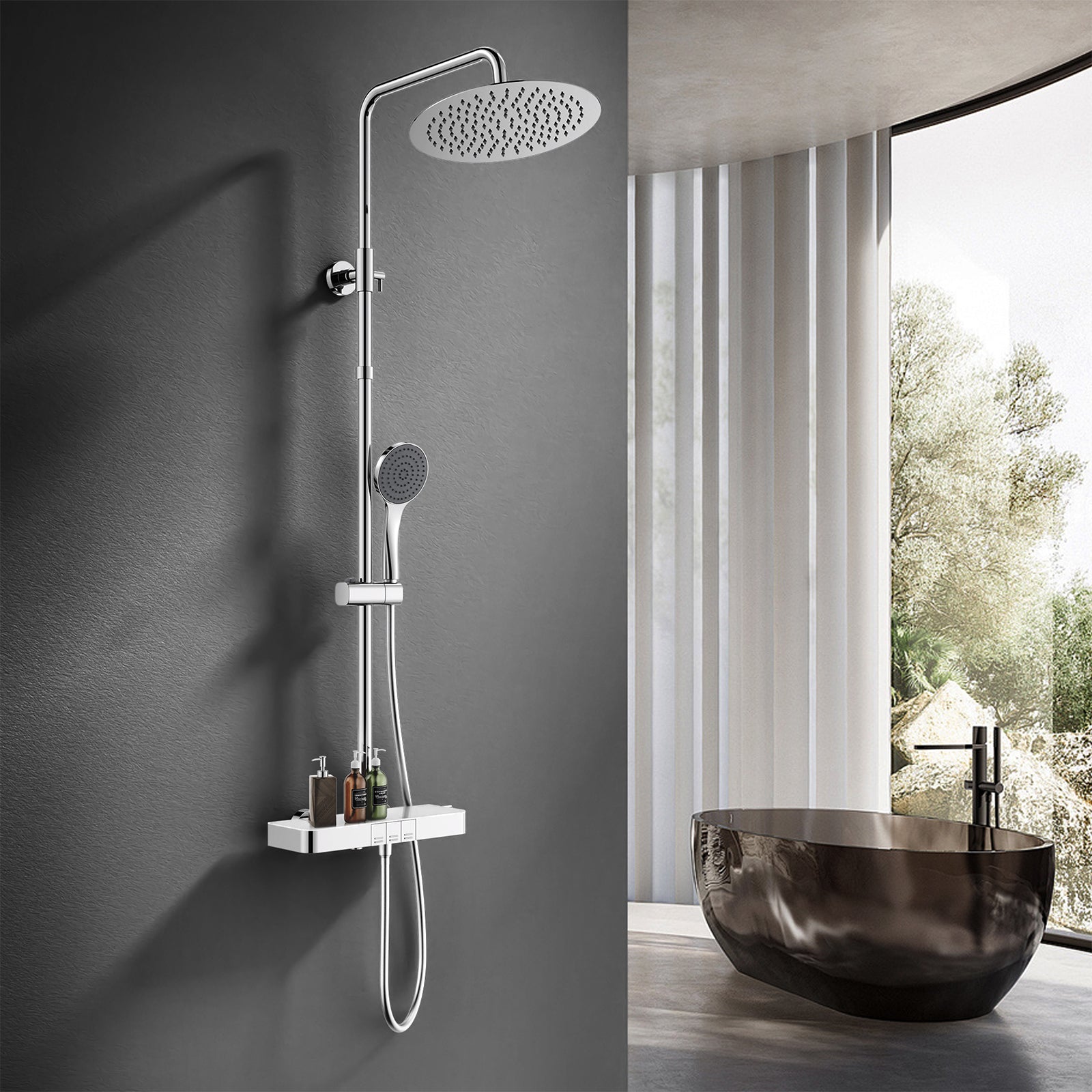 Homelody Duschsystem mit Thermostat, Ablage und Handbrause, 12" Regendusche