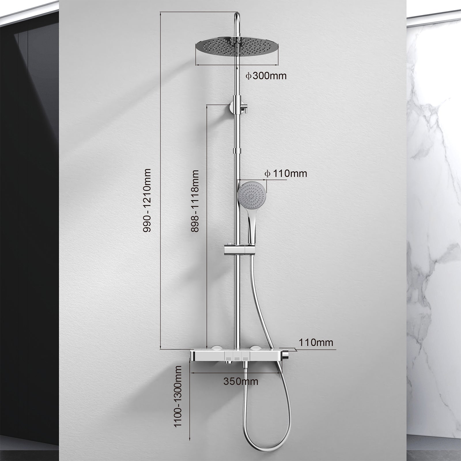Homelody Duschsystem mit Thermostat, Ablage und Handbrause, 12" Regendusche