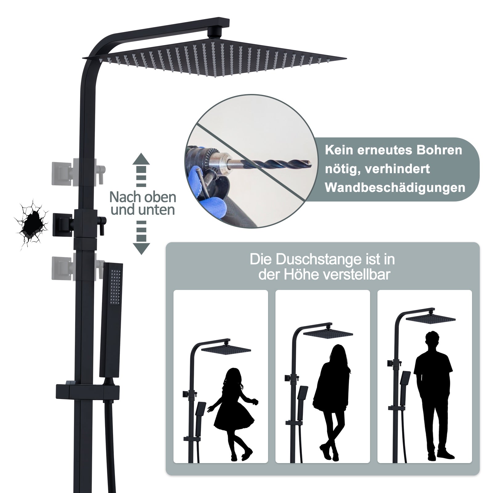 HOMELODY Duschsystem mit Thermostat Schwarz Regendusche mit Armatur Duschset Eckig Messing Kopfbrause Edelstahl 30x30CM