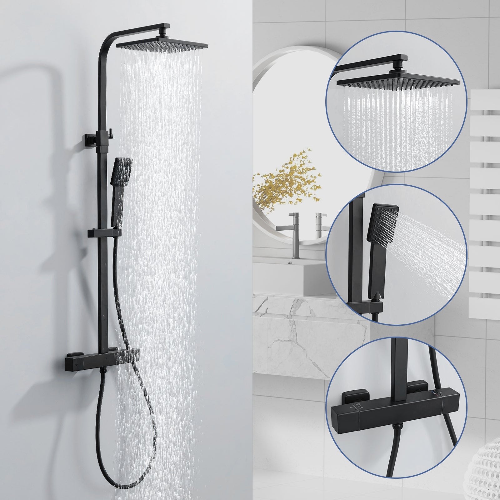Homelody Duschsystem mit Thermostat Regendusche eckig höhe Duscharmatur