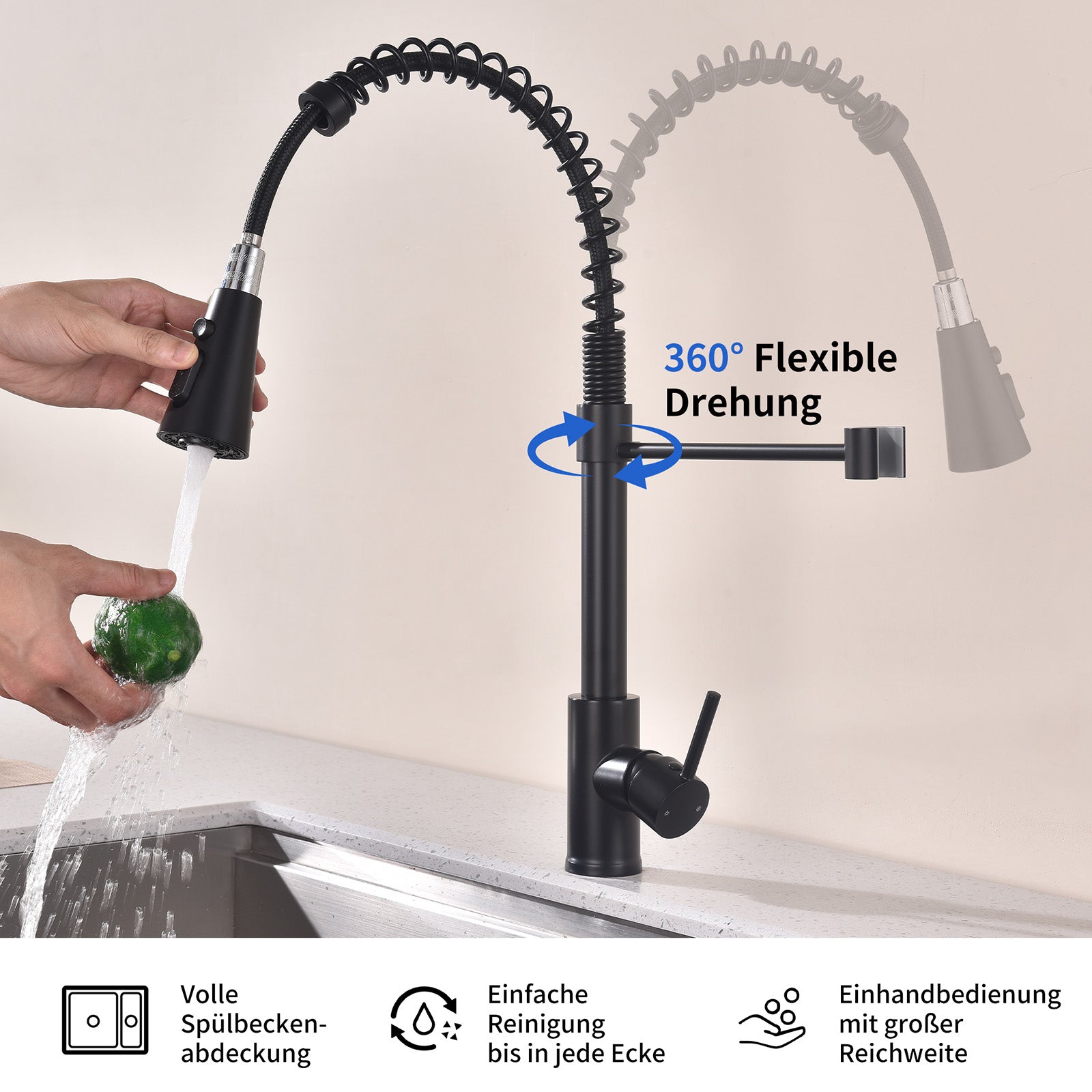 Homelody kuechenarmaturen mit Spiralfeder Verchromt – 360° schwenkbar, 4-Funktionsbrause