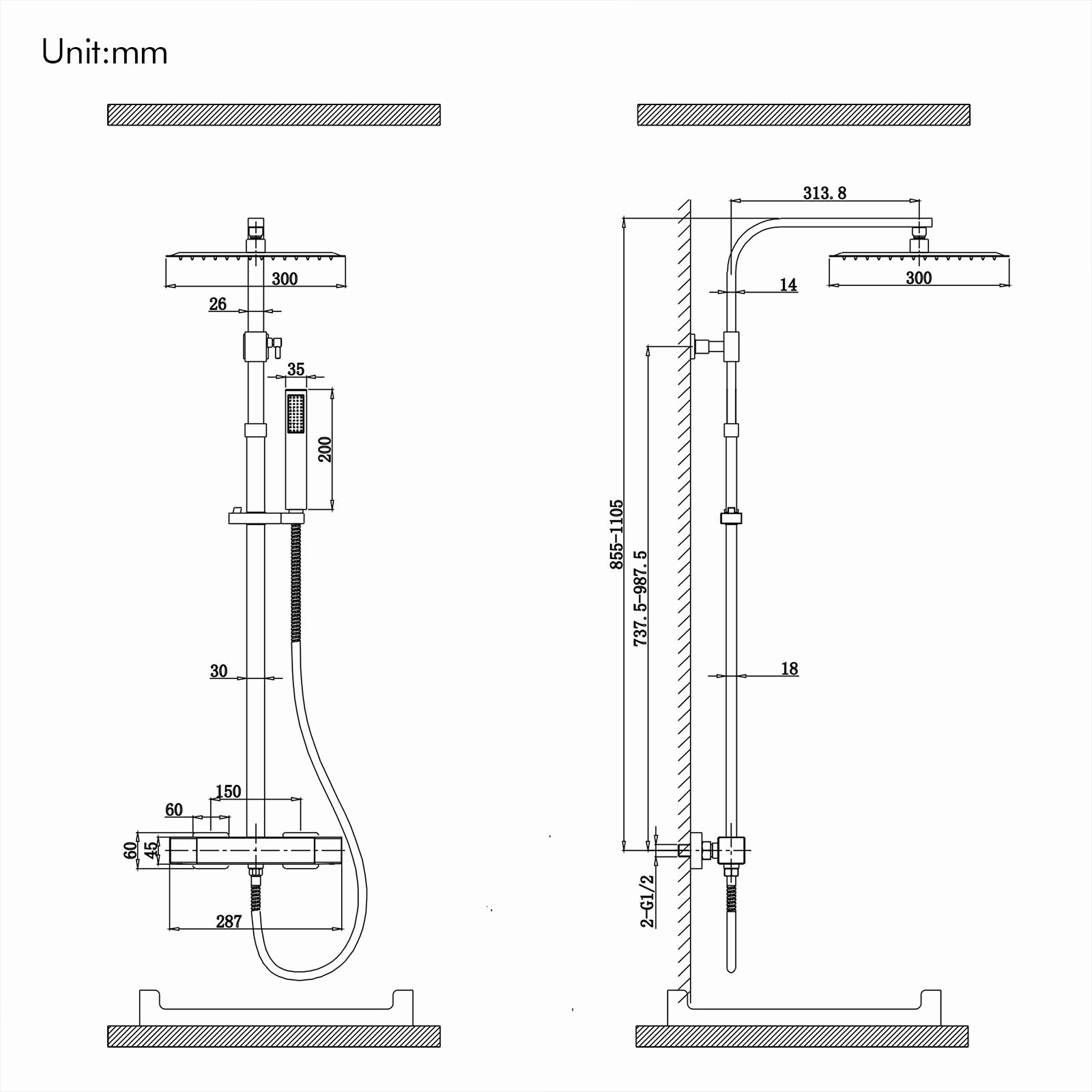 HOMELODY Duschsystem mit Thermostat Regendusche mit Armatur Chrom Eckig Duschset Messing Kopfbrause Edelstahl 30x30CM