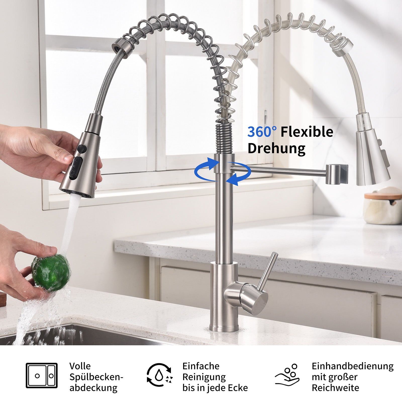 Homelody kuechenarmaturen mit Spiralfeder Verchromt – 360° schwenkbar, 4-Funktionsbrause