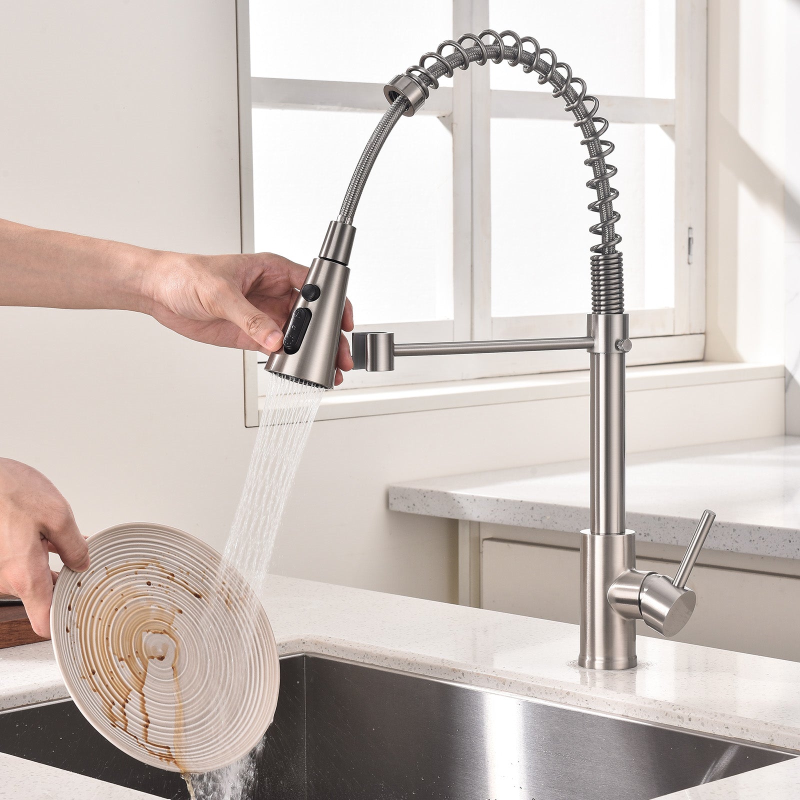 Homelody kuechenarmaturen mit Spiralfeder Verchromt – 360° schwenkbar, 4-Funktionsbrause