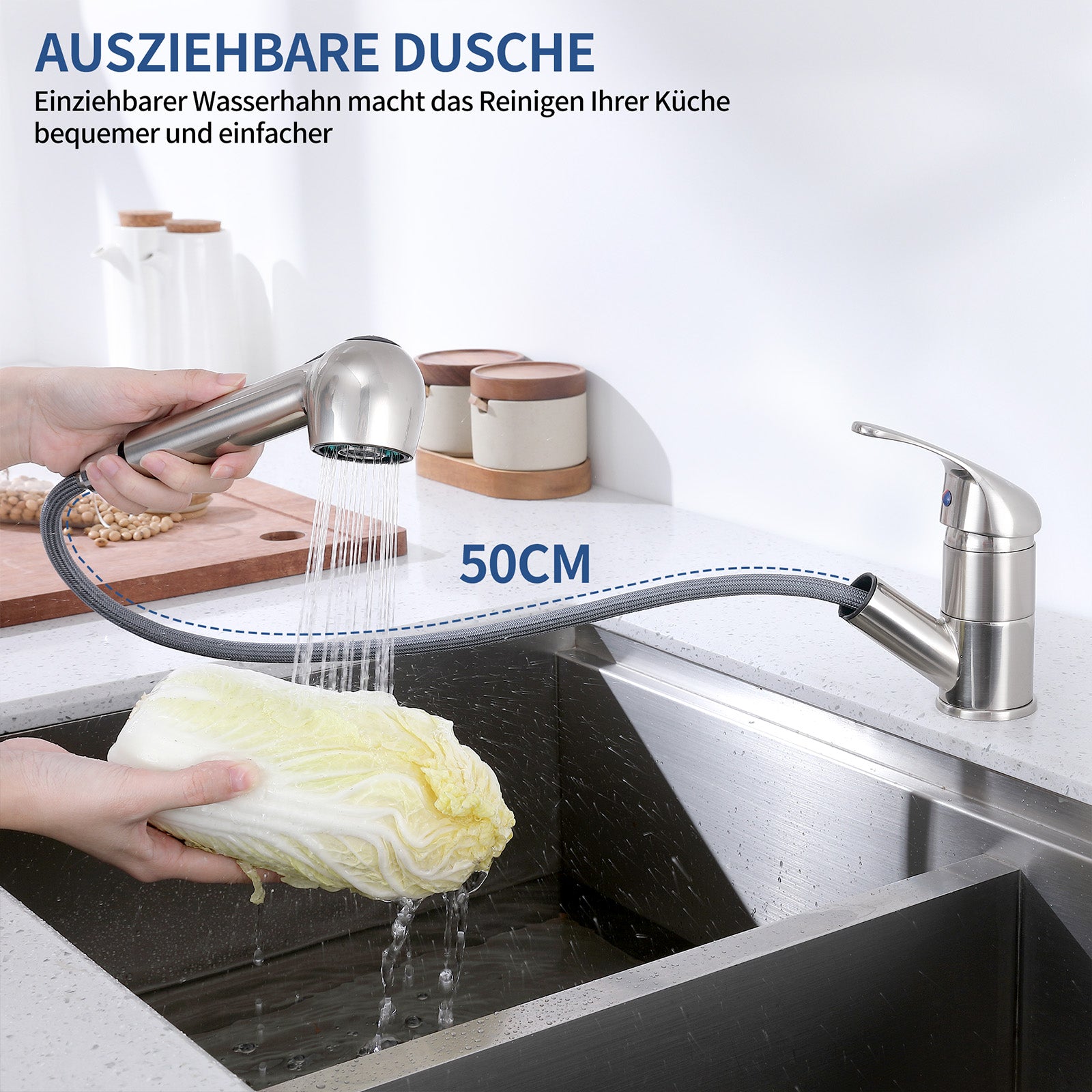 Homelody 120° drehbar Armatur Küche Wasserhahn mit 2 Strahlarten ausziehbare Brause Gebürsteter Chrom Spültischarmatur