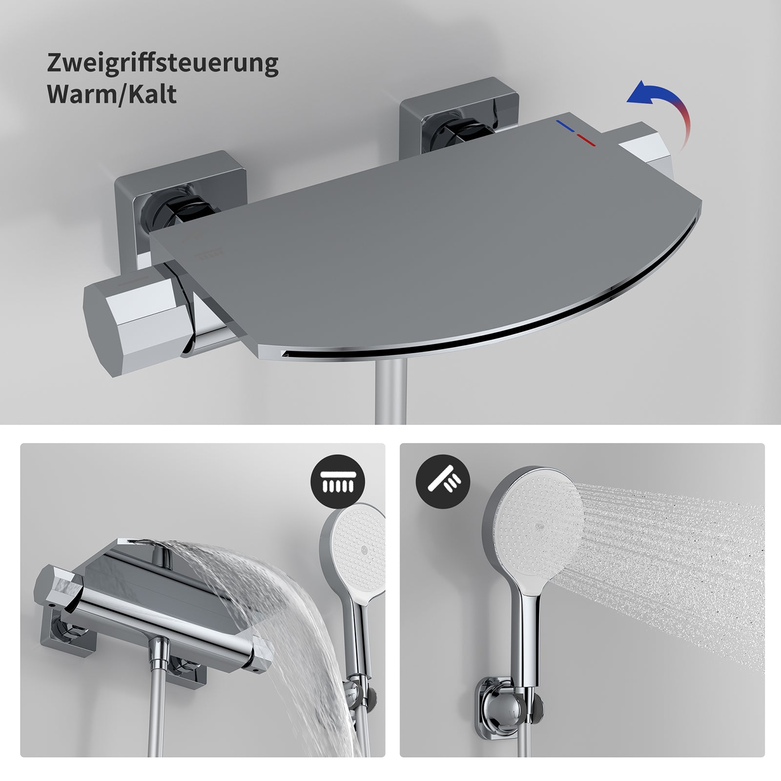 HOMELODY Wasserfall-Badewannen-Mischbatterie mit 4-Funktions-Handbrause