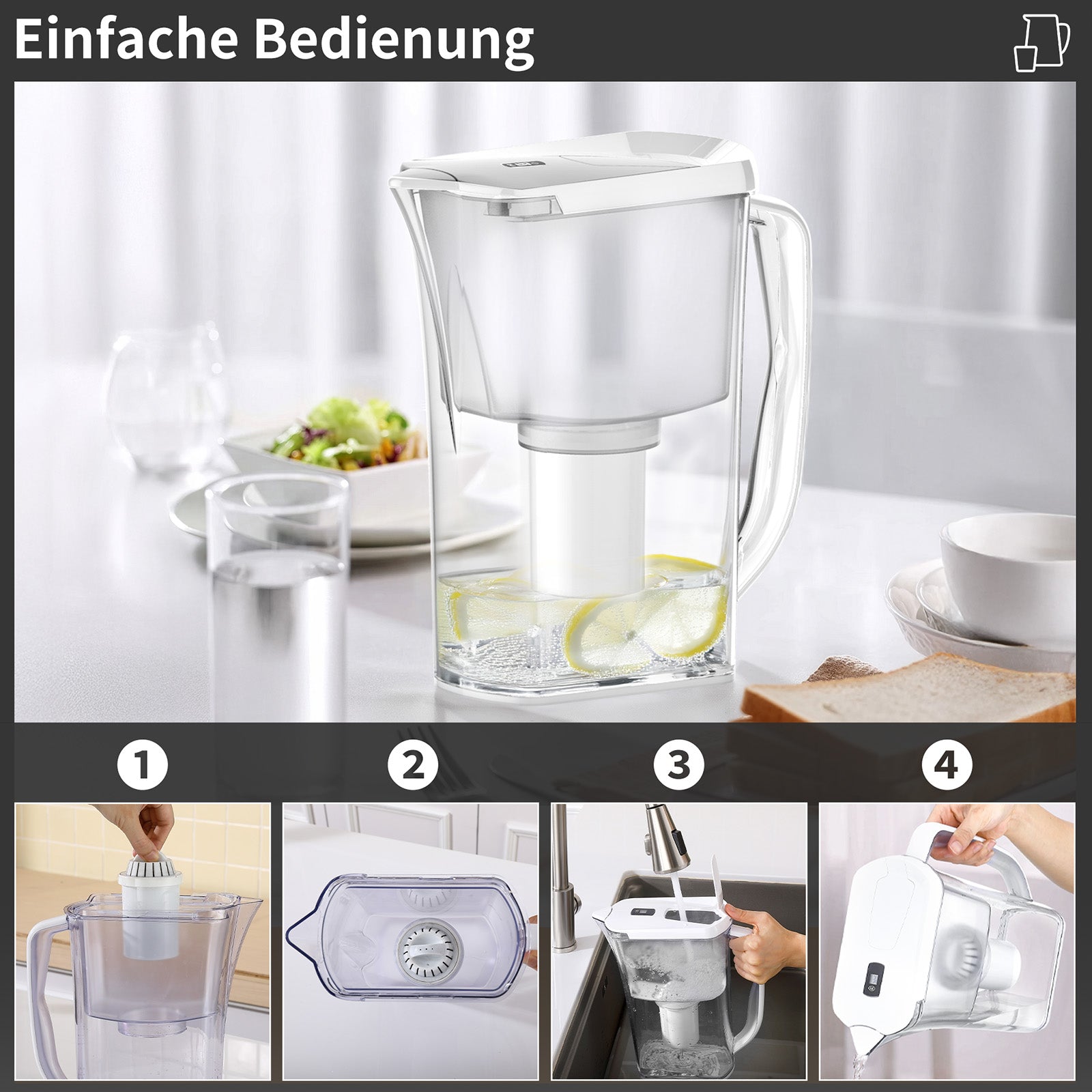 Homelody Wasserfilter Wasserfilterkanne 2,5 L aus lebensmittelechtem Material
