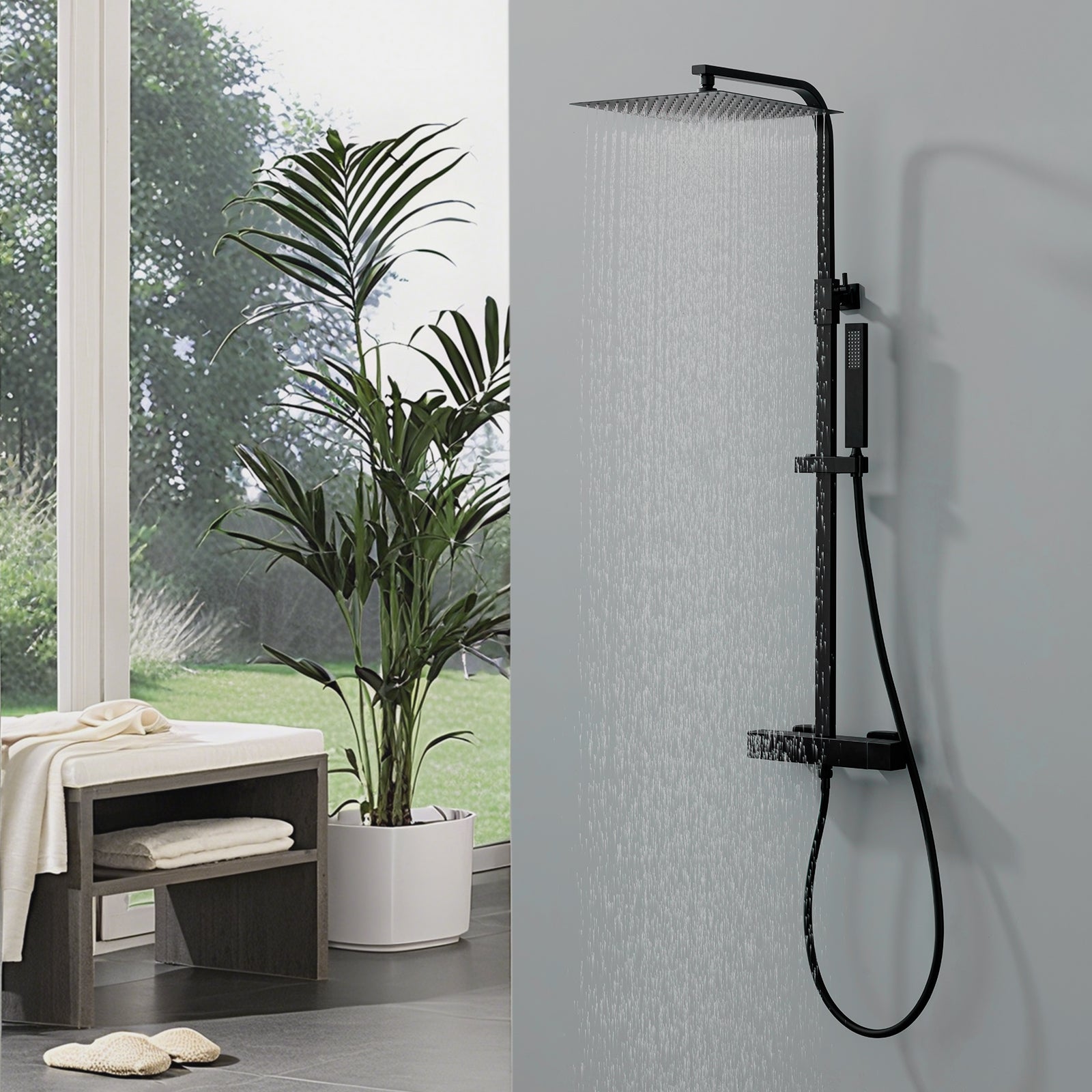 HOMELODY Duschsystem mit Thermostat Schwarz Regendusche mit Armatur Duschset Eckig Messing Kopfbrause Edelstahl 30x30CM