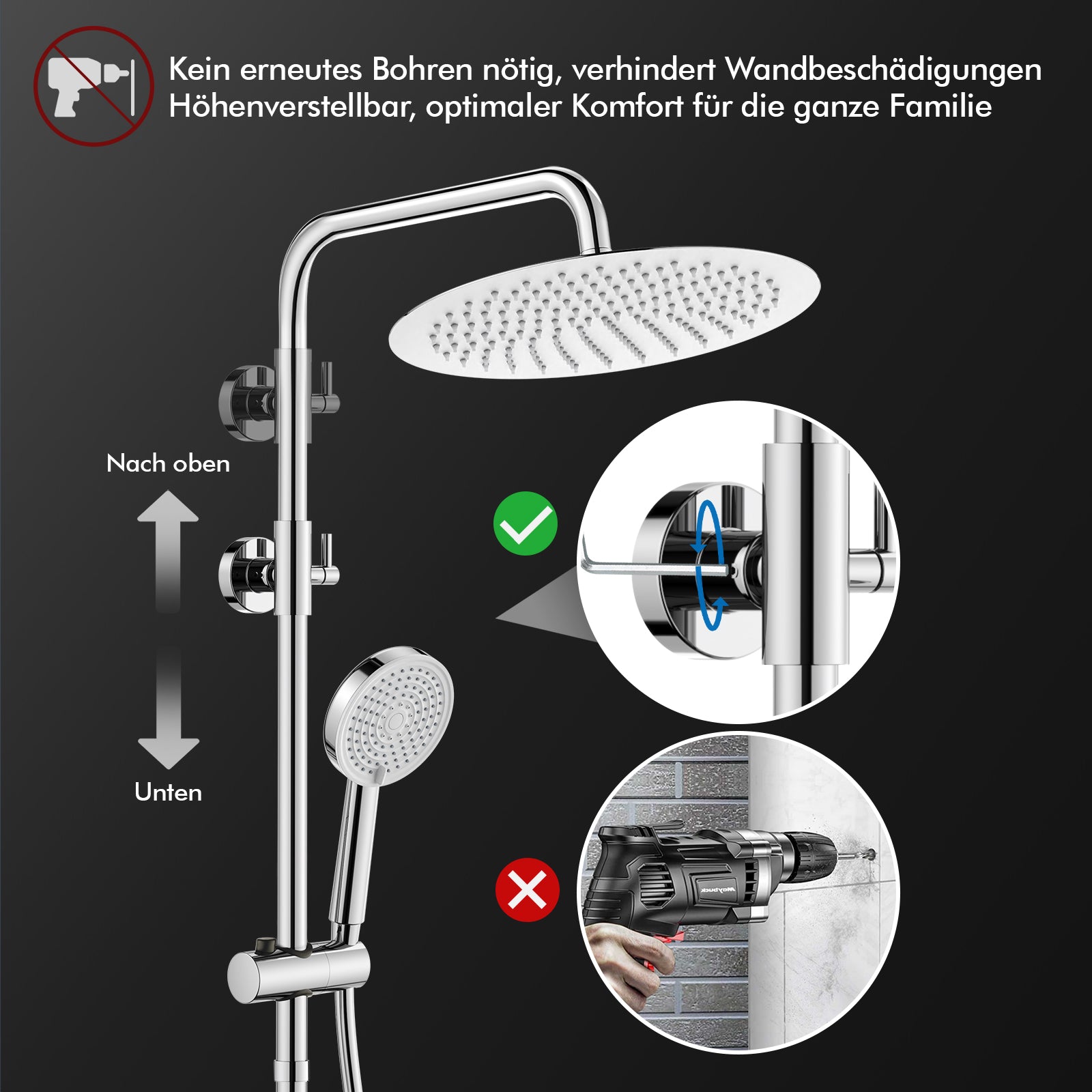 Homelody Duschsystem 12'' Regendusche, Höhenverstellbar, 2-Wege Umschalter, Edelstahl