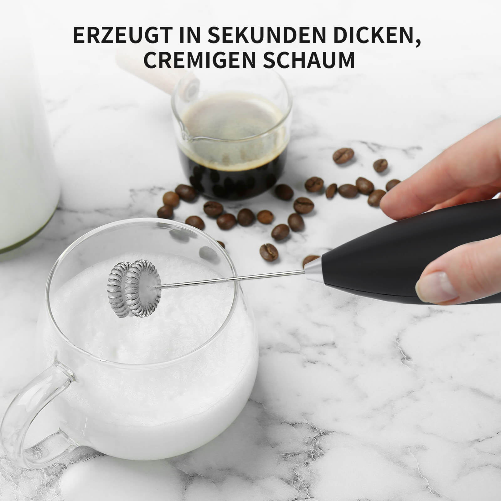 Milchaufschäumer Stab/Milchschäumer Elektrisch tragbarer mit Hoher Leistung Getränkemixer Kaffeebesen batteriebetriebener für Latte, Matcha-Tee, Cappuccino, Schwarz